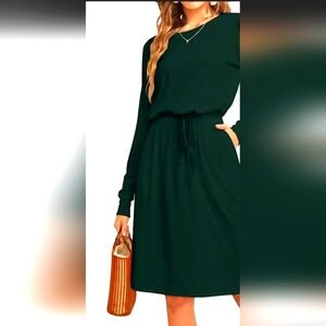 Simier Fariry Forest Green Crewneck Long Sleeve Drawstring Waist Dress Sz: Large
